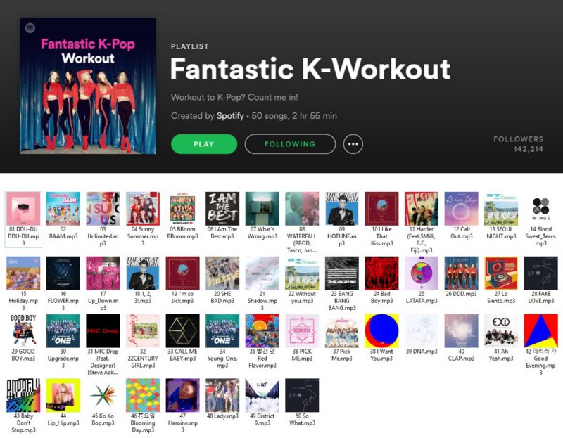 4564 50 Songs FANTASTIC K-WORKOUT Spotify Playlist Aug 2018