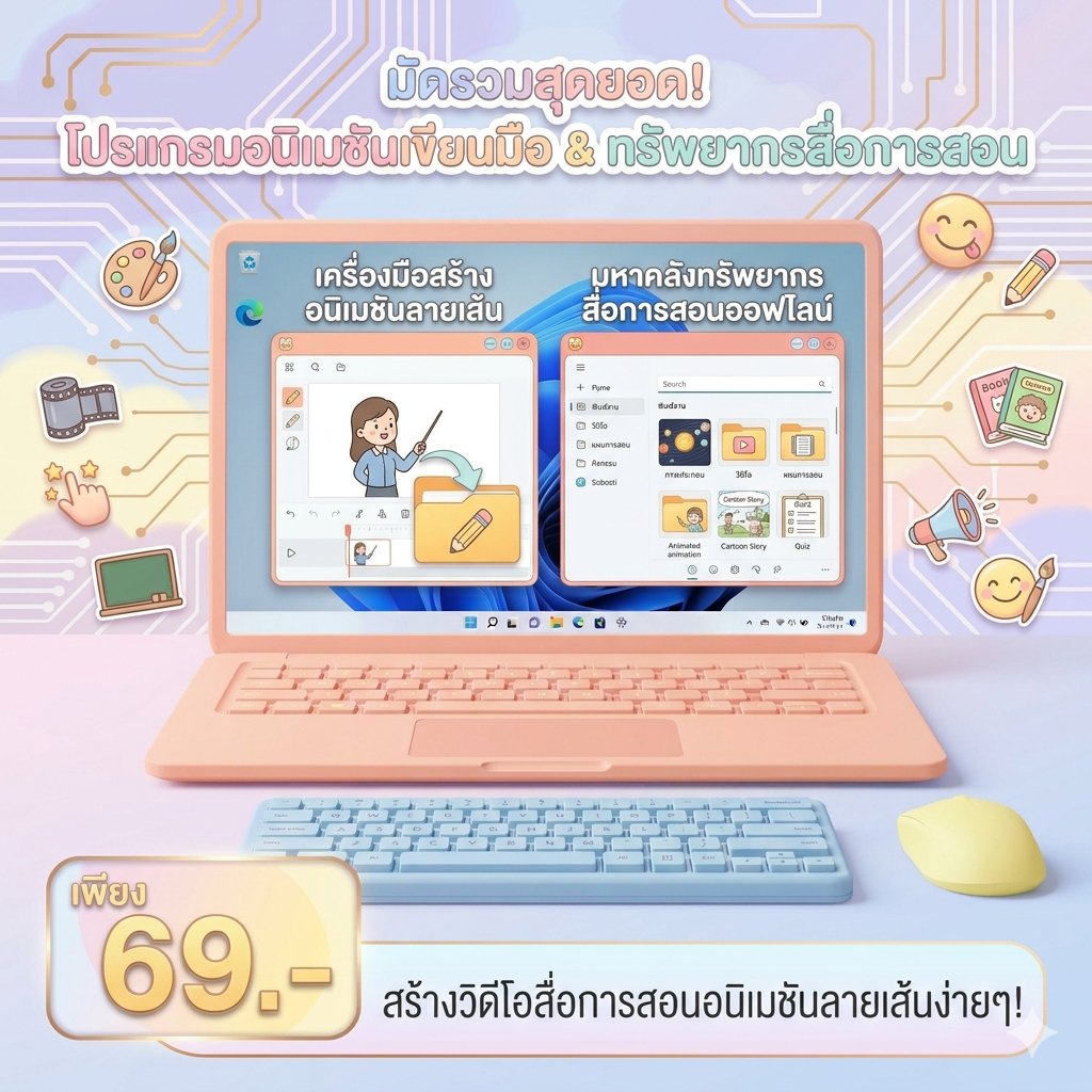 มัดรวม 2 โปรแกรมสร้างวิดีโออนิเมชันลายเส้นเขียนมือ พร้อมมหาคลังทรัพยากรสื่อการสอนออฟไลน์ สำหรับ Windows