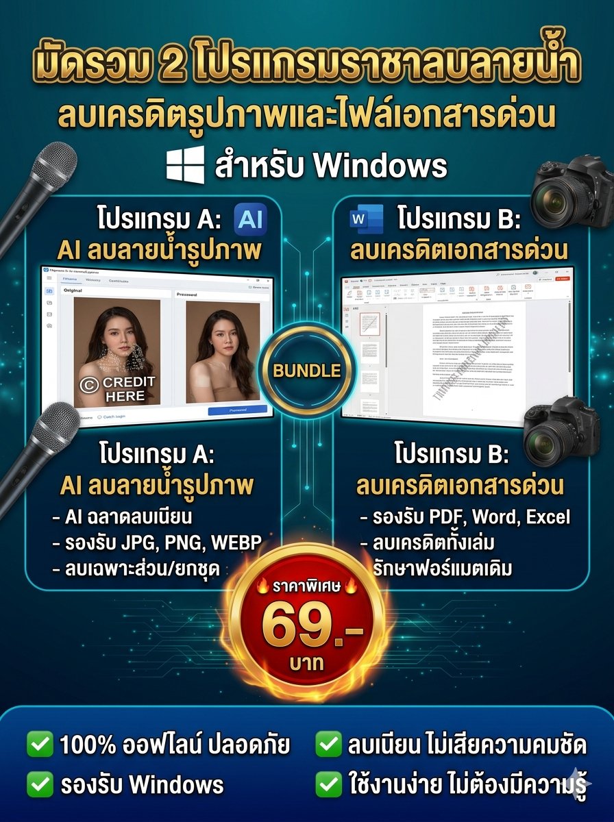 มัดรวม 2 โปรแกรมราชาลบลายน้ำ ลบเครดิตรูปภาพและไฟล์เอกสารด่วน สำหรับ Windows