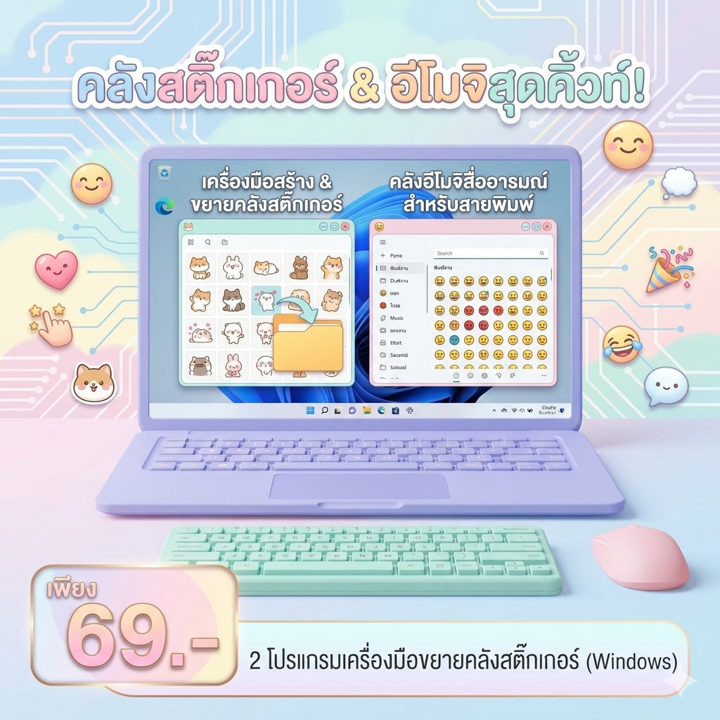 มัดรวม 2 โปรแกรมเครื่องมือขยายคลังสติ๊กเกอร์และอีโมจิสื่ออารมณ์สำหรับสายพิมพ์งาน สำหรับ Windows