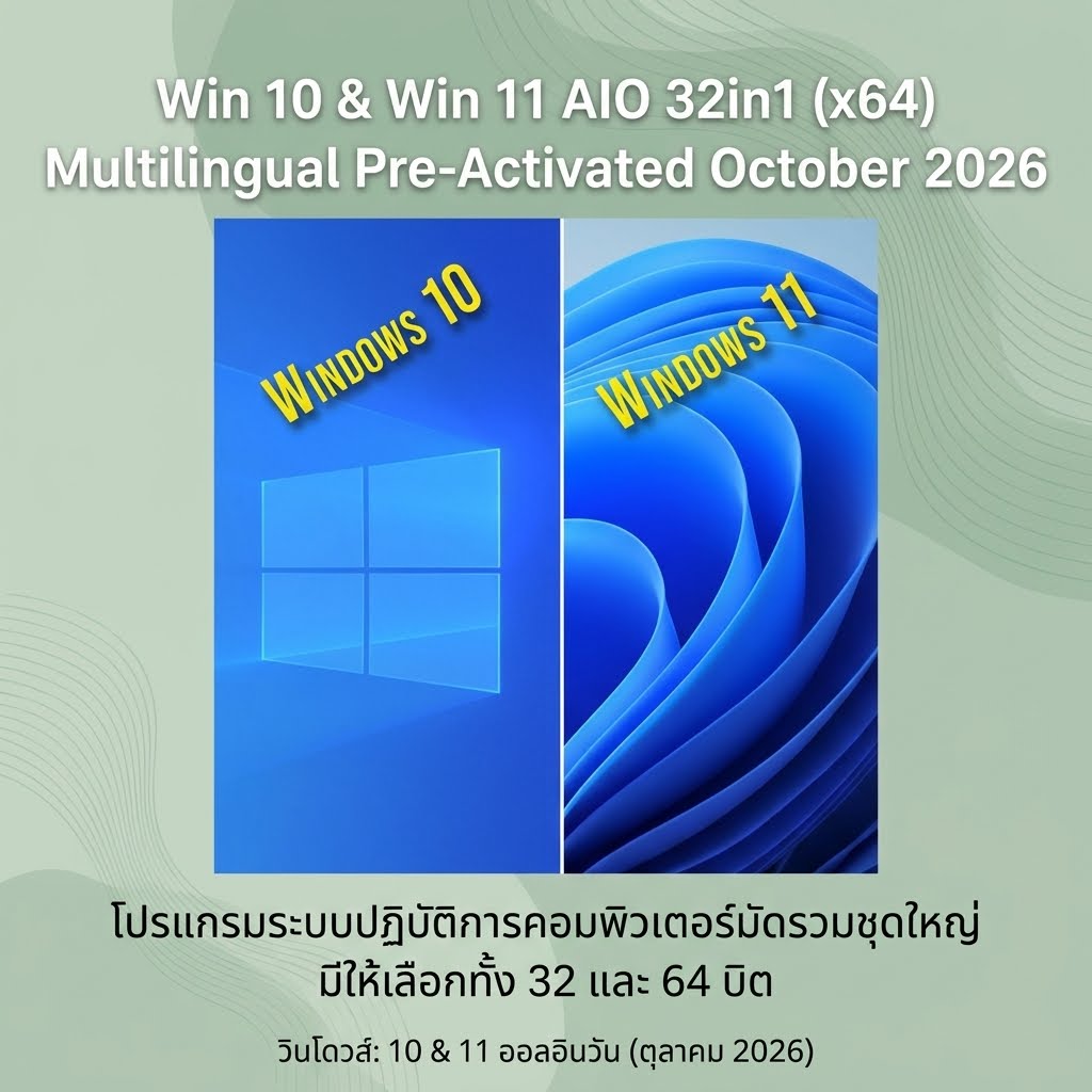 Win 10 & Win 11 AIO 32in1 (x64) Multilingual Pre-Activated October 2026 โปรแกรมระบบปฏิบัติการคอมพิวเตอร์มัดรวมชุดใหญ่